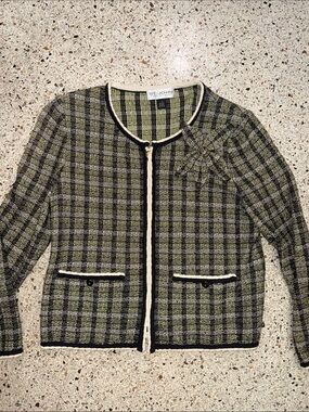 St John Collection green navy plaid zip front blazer jacket 12